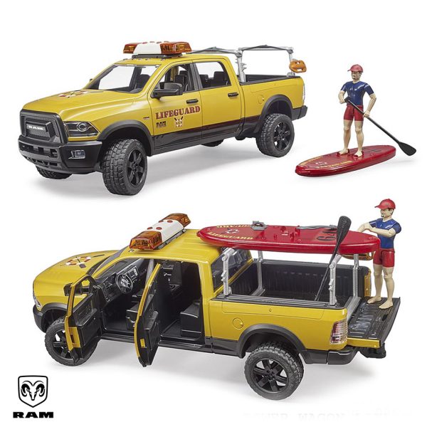 BRUDER 02506 RAM 2500 POWER WAGON LIFEGUARD WITH FIGURE, STAND UP PADDLE AND LIGHT & SOUND MODULE