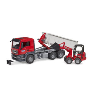BRUDER 03767 MAN TGS TRUCK WITH ROLL-OFF CONTAINER AND SCHÄFFER YARD LOADER KOUREAS TOYS