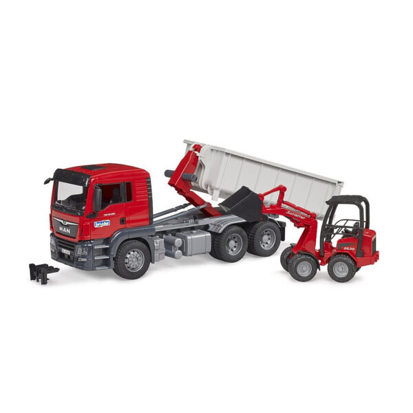 BRUDER 03767 MAN TGS TRUCK WITH ROLL-OFF CONTAINER AND SCHÄFFER YARD LOADER KOUREAS TOYS