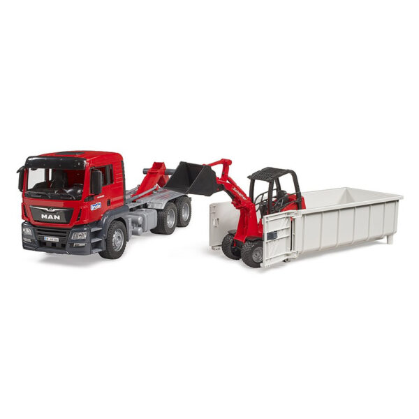 BRUDER 03767 MAN TGS TRUCK WITH ROLL-OFF CONTAINER AND SCHÄFFER YARD LOADER KOUREAS TOYS