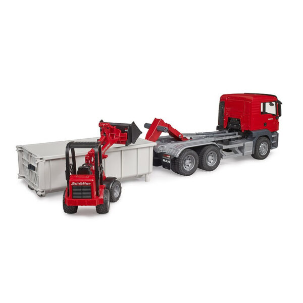 BRUDER 03767 MAN TGS TRUCK WITH ROLL-OFF CONTAINER AND SCHÄFFER YARD LOADER KOUREAS TOYS