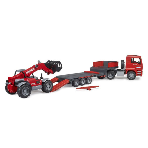 BRUDER 02774 MAN TGA TRUCK WITH LOW LOADER TRAILER AND MANITOU TELEHANDLER KOUREAS TOYS