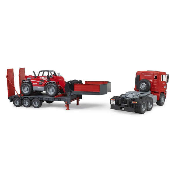 BRUDER 02774 MAN TGA TRUCK WITH LOW LOADER TRAILER AND MANITOU TELEHANDLER KOUREAS TOYS