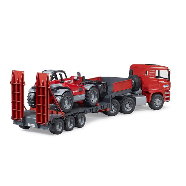 BRUDER 02774 MAN TGA TRUCK WITH LOW LOADER TRAILER AND MANITOU TELEHANDLER KOUREAS TOYS
