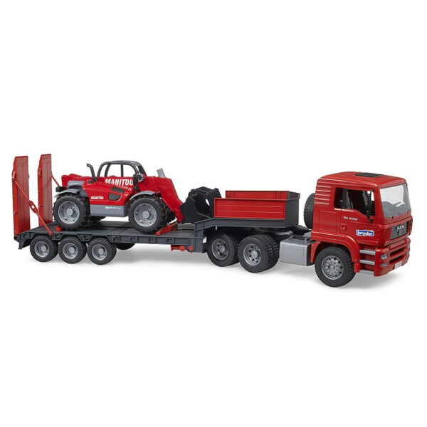 BRUDER 02774 MAN TGA TRUCK WITH LOW LOADER TRAILER AND MANITOU TELEHANDLER KOUREAS TOYS