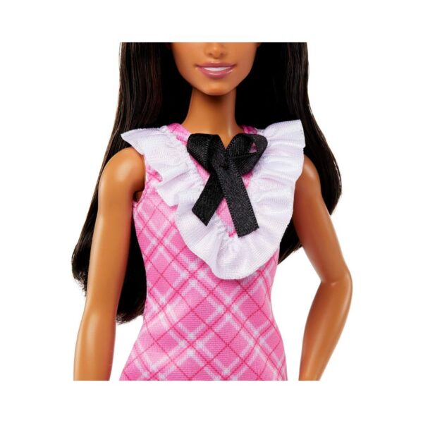 BRAND HJT06 BARBIE FASHIONISTAS DOLL #209 WITH BLACK HAIR WEARING REMOVABLE PINK PLAID DRESS, PEARLESCENT HEADBAND & STRAPPY HEELS KOUREAS TOYS