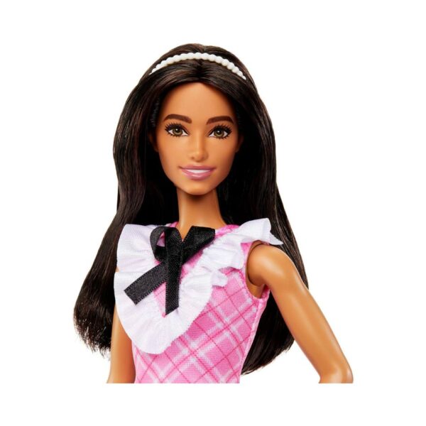 BRAND HJT06 BARBIE FASHIONISTAS DOLL #209 WITH BLACK HAIR WEARING REMOVABLE PINK PLAID DRESS, PEARLESCENT HEADBAND & STRAPPY HEELS KOUREAS TOYS
