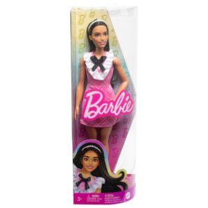 BRAND HJT06 BARBIE FASHIONISTAS DOLL #209 WITH BLACK HAIR WEARING REMOVABLE PINK PLAID DRESS, PEARLESCENT HEADBAND & STRAPPY HEELS KOUREAS TOYS