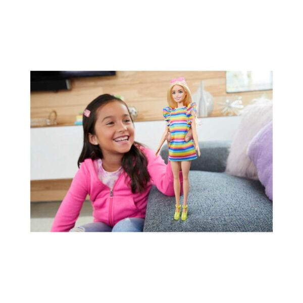 BRAND HPF73 BARBIE FASHIONISTAS DOLL 197 BLONDE DOLL WITH RAINBOW DRESS AND BRACES KOUREAS TOYS