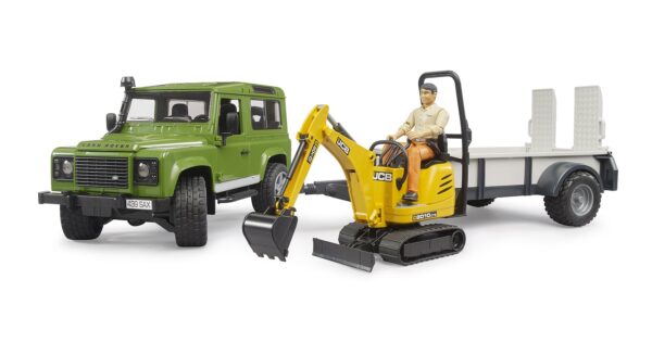 BRUDER 02593 LAND ROVER DEFENDER WITH TRAILER, JCB EXCAVATOR AND MAN KOUREAS TOYS
