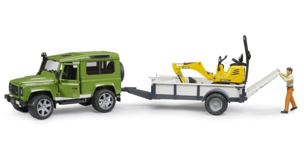 BRUDER 02593 LAND ROVER DEFENDER WITH TRAILER, JCB EXCAVATOR AND MAN KOUREAS TOYS