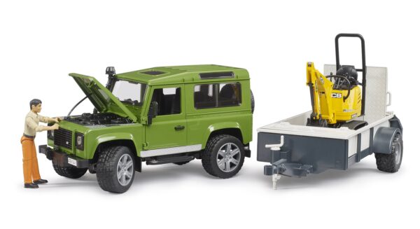 BRUDER 02593 LAND ROVER DEFENDER WITH TRAILER, JCB EXCAVATOR AND MAN KOUREAS TOYS