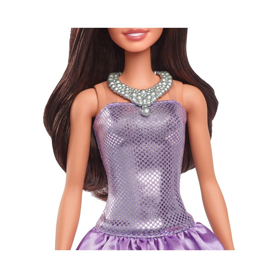 BRAND HYT92 BARBIE FASHIONISTAS DOLL #234 WITH BROWN HAIR, WEARING SEQUINED PURPLE BUBBLE DRESS WITH SATINY SKIRT, SILVERY NECKLACE AND HEELS KOUREAS TOYS