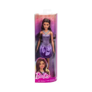 BRAND HYT92 BARBIE FASHIONISTAS DOLL #234 WITH BROWN HAIR, WEARING SEQUINED PURPLE BUBBLE DRESS WITH SATINY SKIRT, SILVERY NECKLACE AND HEELS KOUREAS TOYS