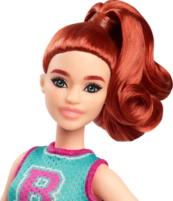 BRAND HYT90 BARBIE FASHIONISTAS DOLL #232 WITH RED HAIR, WEARING SPORTY “B” JERSEY TOP AND PLEATED PURPLE SKIRT WITH WATCH AND SNEAKERS KOUREAS TOYS