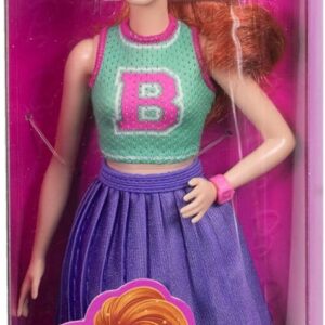 BRAND HYT90 BARBIE FASHIONISTAS DOLL #232 WITH RED HAIR, WEARING SPORTY “B” JERSEY TOP AND PLEATED PURPLE SKIRT WITH WATCH AND SNEAKERS KOUREAS TOYS