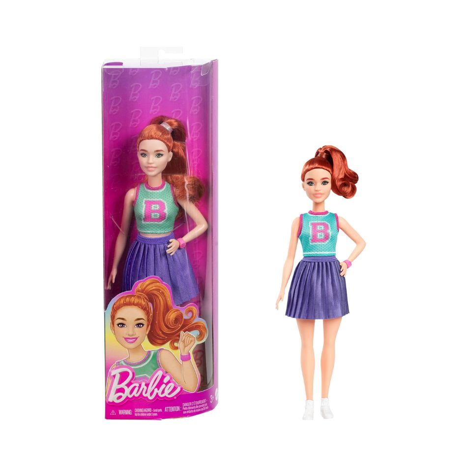 BRAND HYT90 BARBIE FASHIONISTAS DOLL #232 WITH RED HAIR, WEARING SPORTY “B” JERSEY TOP AND PLEATED PURPLE SKIRT WITH WATCH AND SNEAKERS KOUREAS TOYS