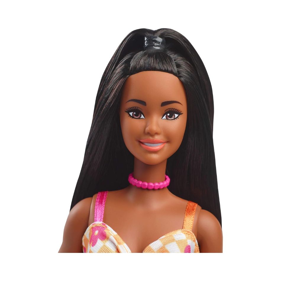 BRAND HYT91 BARBIE FASHIONISTAS DOLL #233 WITH BLACK HAIR, WEARING CHECKERED ORANGE AND PINK FLOWER MIDI DRESS WITH NECKLACE AND SANDALS KOUREAS TOYS