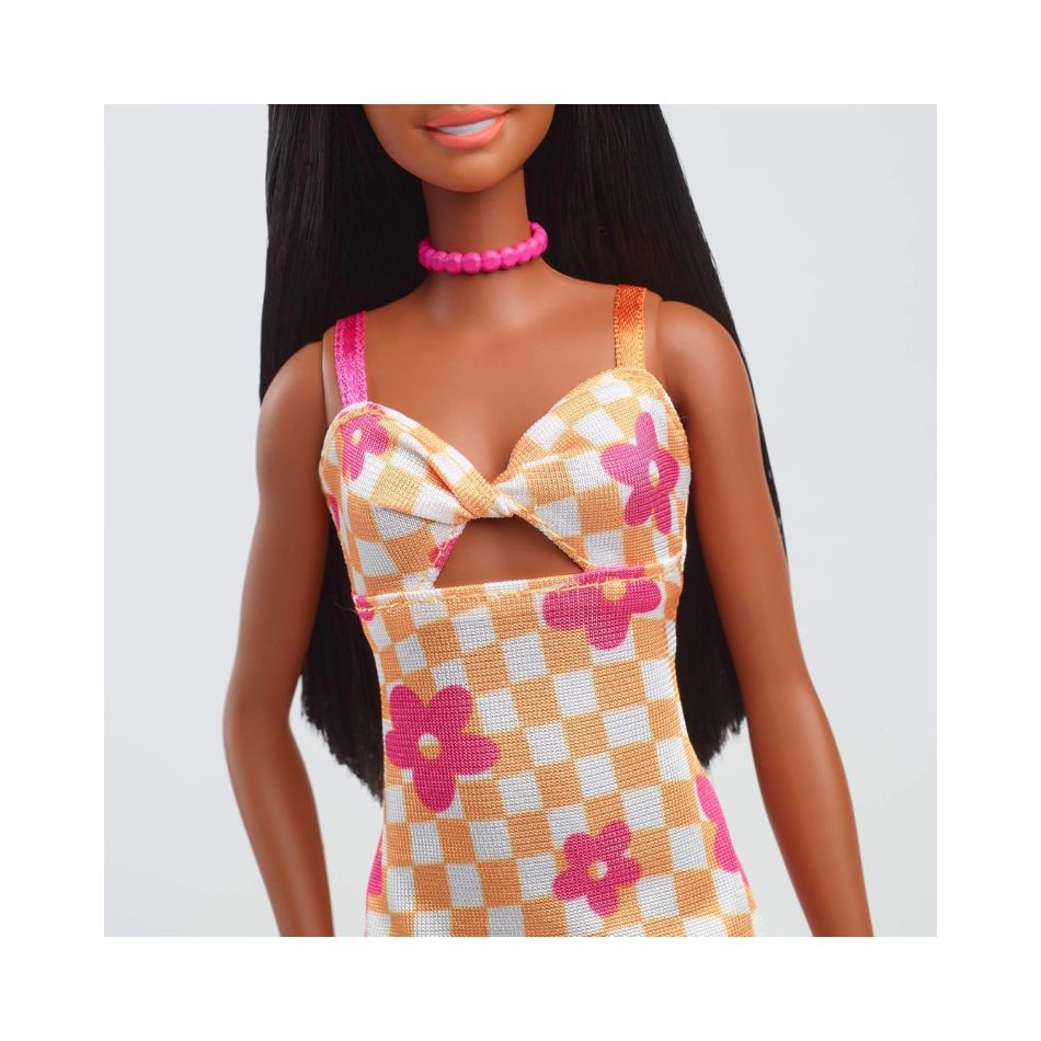 BRAND HYT91 BARBIE FASHIONISTAS DOLL #233 WITH BLACK HAIR, WEARING CHECKERED ORANGE AND PINK FLOWER MIDI DRESS WITH NECKLACE AND SANDALS KOUREAS TOYS