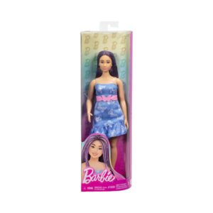 BRAND HYT89 BARBIE FASHIONISTAS DOLL #231 WITH PURPLE HAIR, WEARING STRAPLESS DENIM BUTTERFLY-PRINT DRESS WITH PINK BELT AND BOOTS KOUREAS TOYS