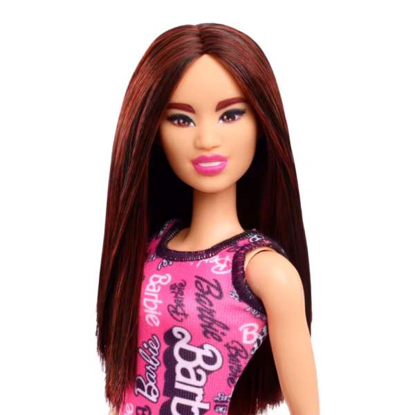 BRAND HRH10 BARBIE® FASHION DOLL WITH DARK BURGUNDY HAIR WEARING REMOVABLE PINK DRESS & SHOES WITH LOGO PRINT KOUREAS TOYS