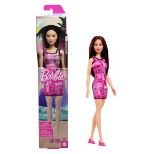 BRAND HRH10 BARBIE® FASHION DOLL WITH DARK BURGUNDY HAIR WEARING REMOVABLE PINK DRESS & SHOES WITH LOGO PRINT KOUREAS TOYS