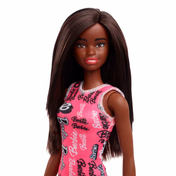 BRAND HRH08 BARBIE® FASHION DOLL WITH STRAIGHT BLACK HAIR WEARING REMOVABLE PINK DRESS WITH LOGO PRINT & SHOES KOUREAS TOYS