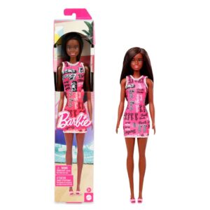 BRAND HRH08 BARBIE® FASHION DOLL WITH STRAIGHT BLACK HAIR WEARING REMOVABLE PINK DRESS WITH LOGO PRINT & SHOES KOUREAS TOYS