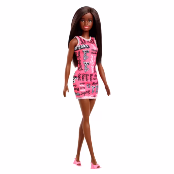 BRAND HRH08 BARBIE® FASHION DOLL WITH STRAIGHT BLACK HAIR WEARING REMOVABLE PINK DRESS WITH LOGO PRINT & SHOES KOUREAS TOYS