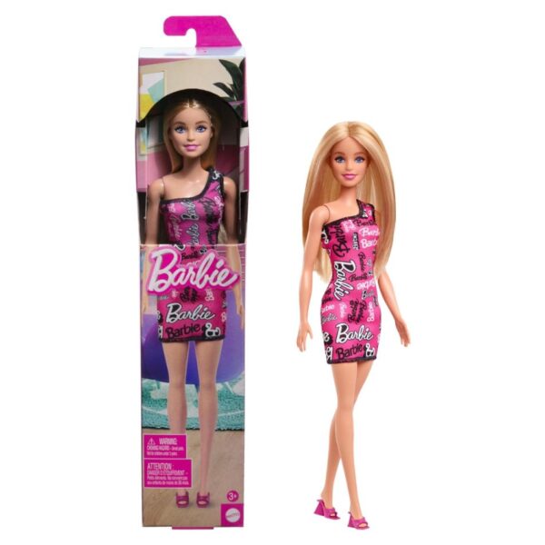BRAND HRH07 BARBIE® FASHION DOLL WITH STRAIGHT BLONDE HAIR WEARING REMOVABLE PINK DRESS & SHOES WITH LOGO PRINT KOUREAS TOYS