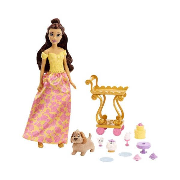 BRAND HLW20 DISNEY PRINCESS - BELLE TEA TIME FASHION DOLL & PLAYSET WITH TEA CART, 3 CHARACTER FRIENDS AND FOOD ACCESSORIES KOUREAS TOYS