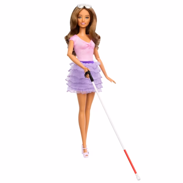 BRAND HRH17 BARBIE® FASHIONISTAS DOLL #228 BLIND BARBIE DOLL WEARING PASTEL OUTFIT WITH CANE AND SUNGLASSES KOUREAS TOYS