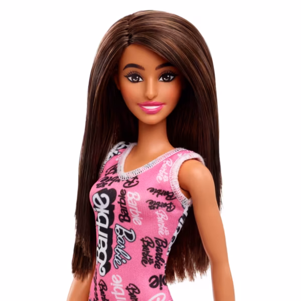 BRAND HRH09 BARBIE® FASHION DOLL WITH STRAIGHT BROWN HAIR WEARING REMOVABLE PINK DRESS WITH LOGO PRINT & SHOES KOUREAS TOYS