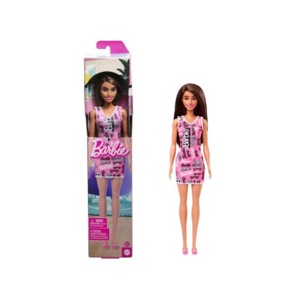 BRAND HRH09 BARBIE® FASHION DOLL WITH STRAIGHT BROWN HAIR WEARING REMOVABLE PINK DRESS WITH LOGO PRINT & SHOES KOUREAS TOYS