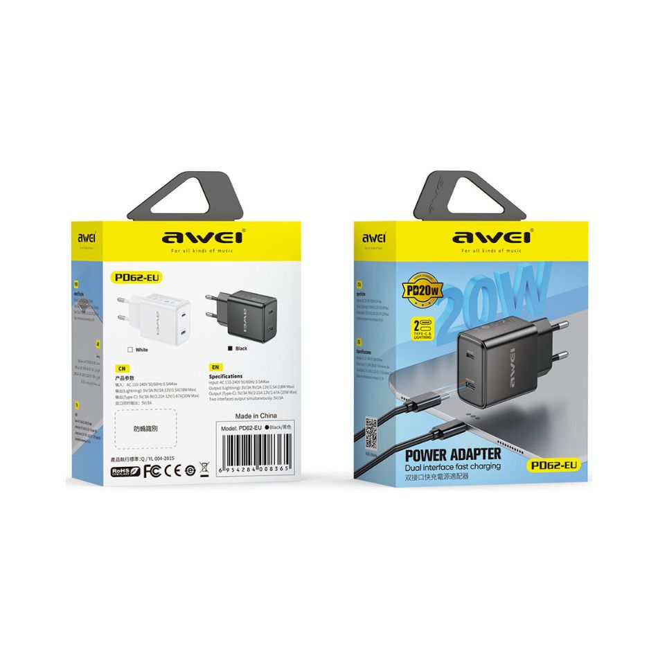 AWEI PD62-EU 20W FAST CHARGING CHARGER TYPE-C PORT AND LIGHTNING KOUREAS TOYS
