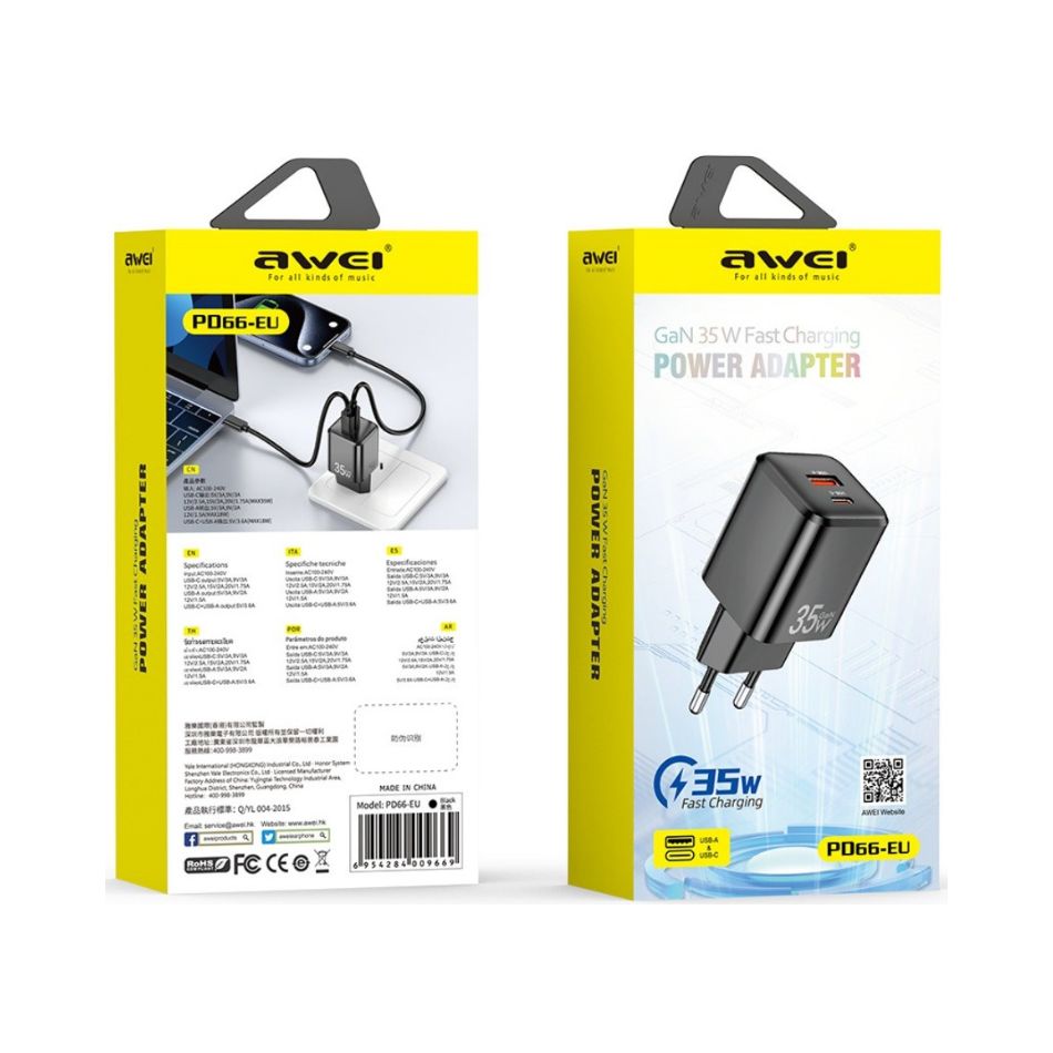 AWEI PD66-EU GaN 35W FAST CHARGING POWER ADAPTER WITH USB-A PORT AND USB-C PORT KOUREAS TOYS