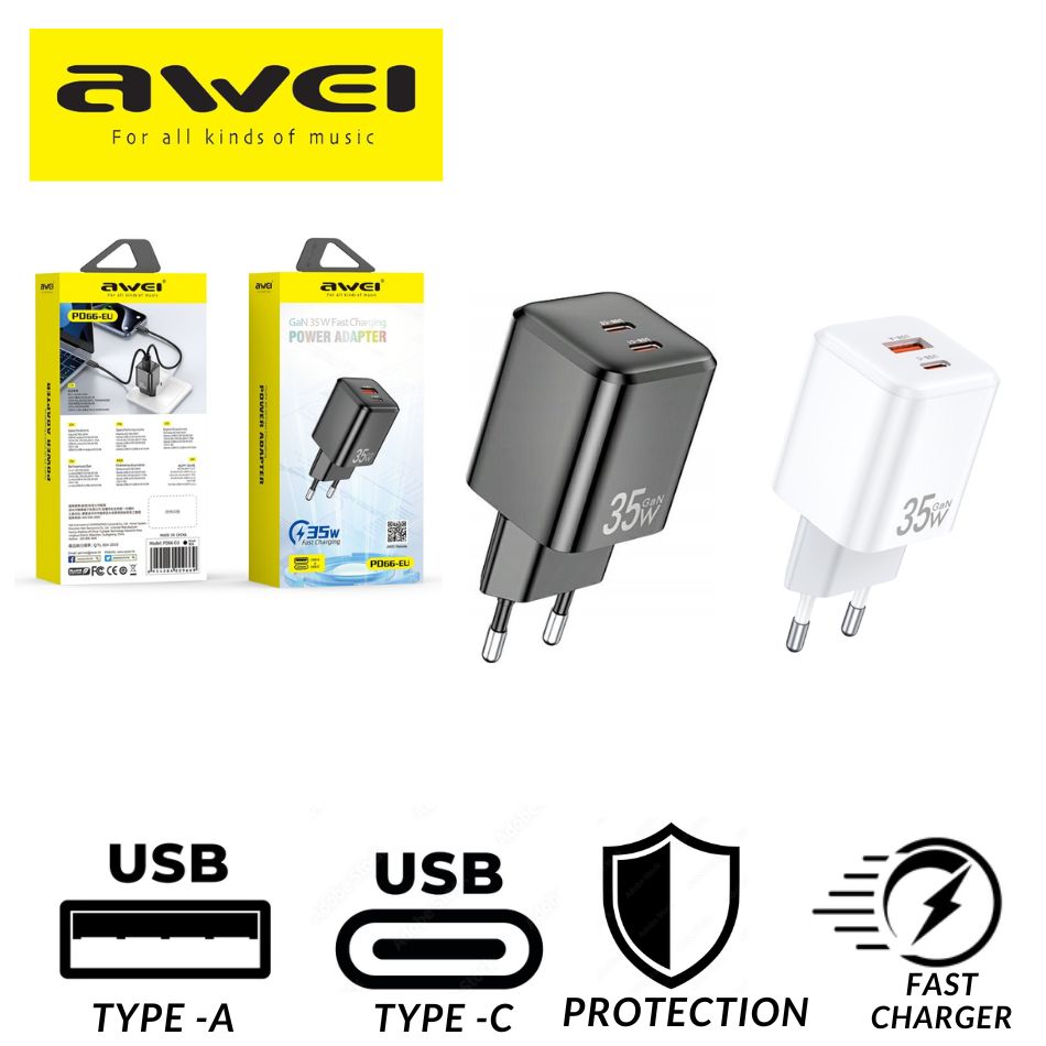 AWEI PD66-EU GaN 35W FAST CHARGING POWER ADAPTER WITH USB-A PORT AND USB-C PORT KOUREAS TOYS