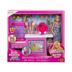 BRAND JFV67 BARBIE MYSTERIES: BEACH DETECTIVES MALIBU” DOLL & COTTON CANDY GAME BOOTH PLAYSET WITH 20 ACCESSORIES KOUREAS TOYS