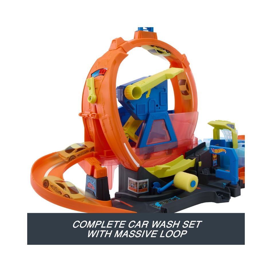 HOT WHEELS CITY MEGA LOOP CAR WASH WITH LOOP AND TOY CAR JHL97 KOUREAS TOYS