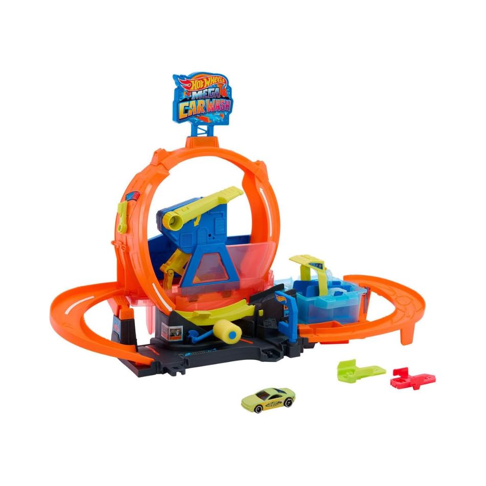 HOT WHEELS CITY MEGA LOOP CAR WASH WITH LOOP AND TOY CAR JHL97 KOUREAS TOYS