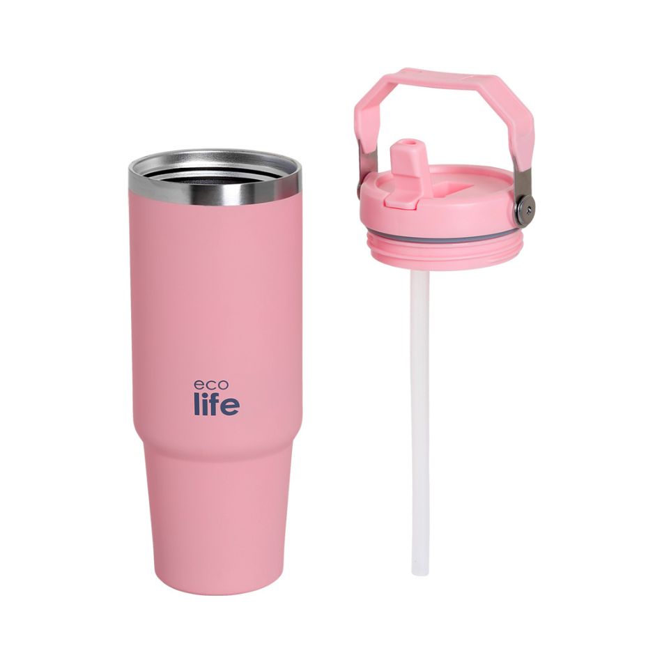 ECOLIFE HANDLE LID TUMBLER 900ML PINK KOUREAS TOYS